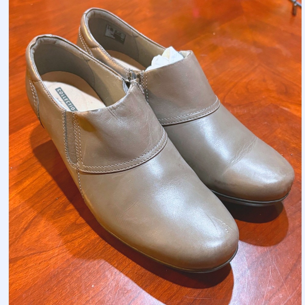 Clarks Collection Womens Taupe Leather Shooties side Zip Ankle Heels 10 M